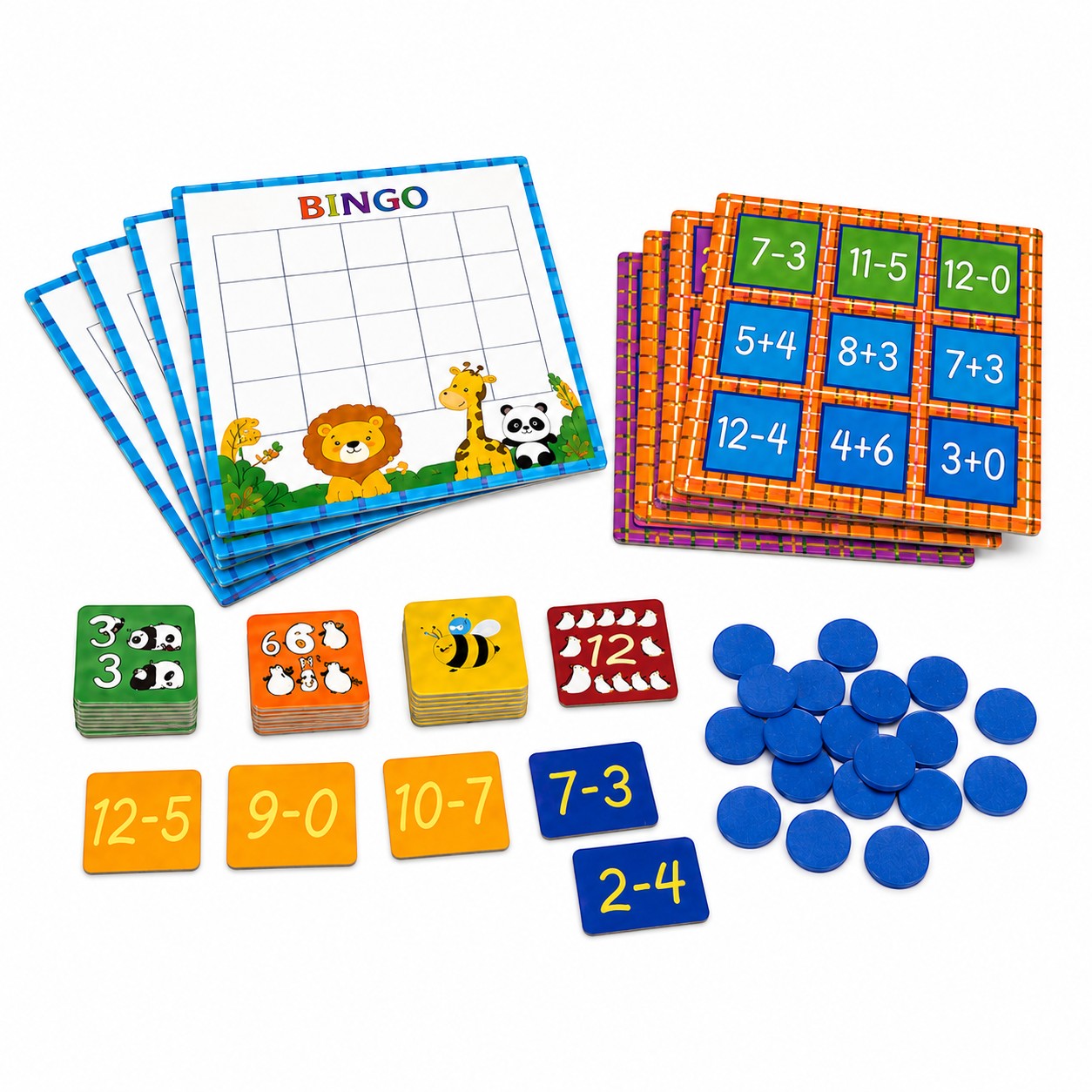 Tap2Own Simple Math Bingo game with colorful cards featuring animals, math problems, and bingo grids. Includes bingo cards, problem tiles, and blue counters.
