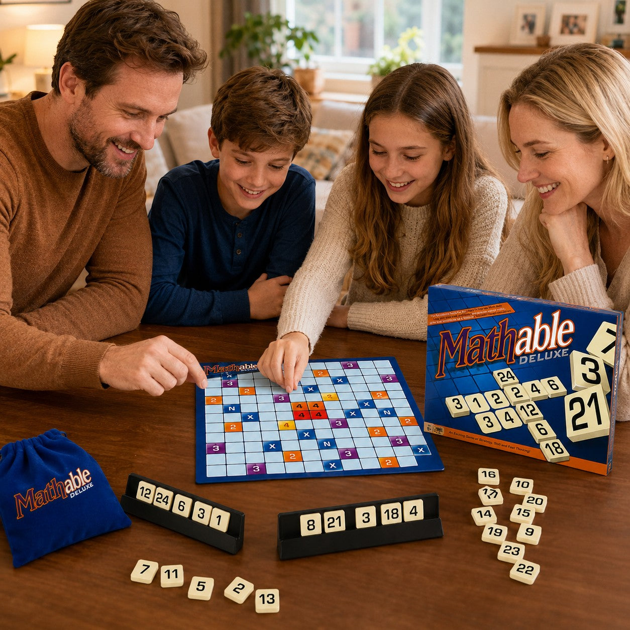 Tap2Own Mathable Deluxe educational strategy board game with a family playing. Ages 9+.