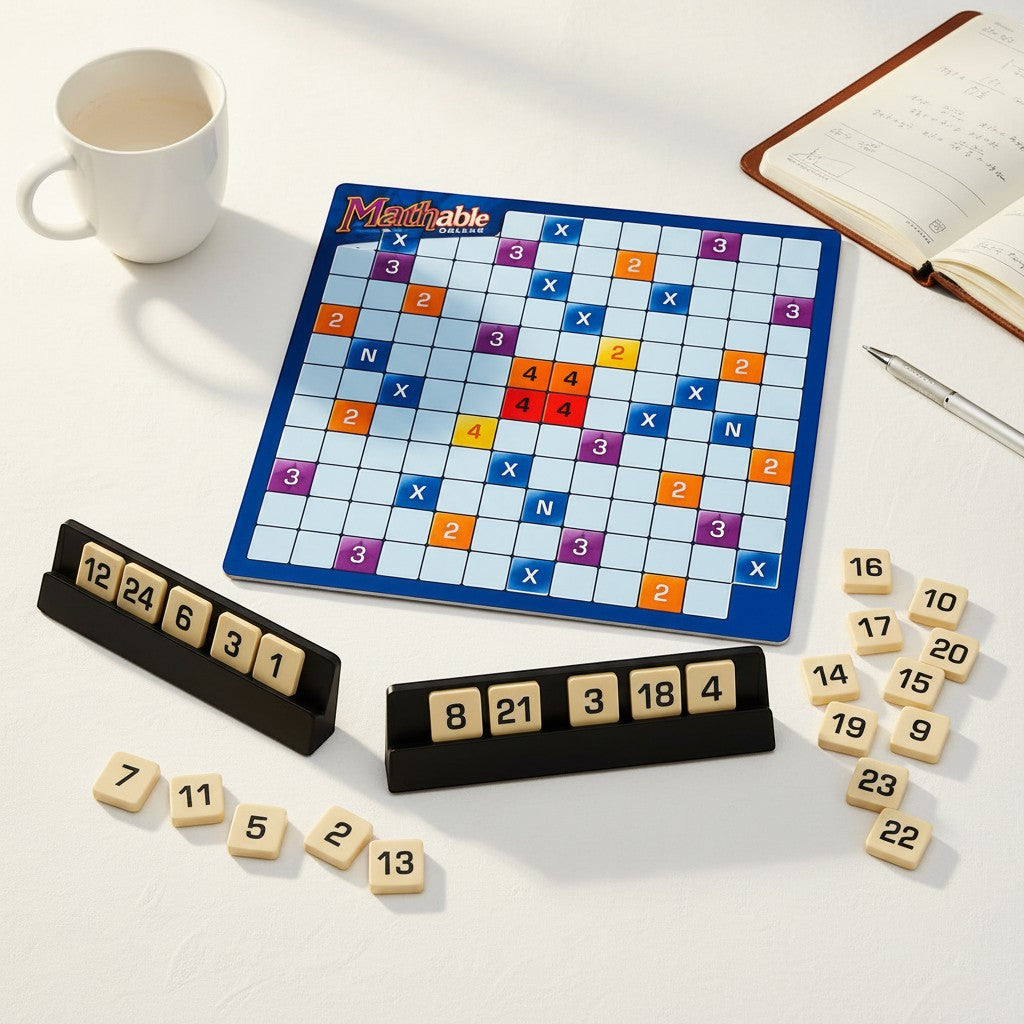 Tap2Own Mathable Deluxe educational strategy game board with number tiles, tile racks, notebook, and mug.