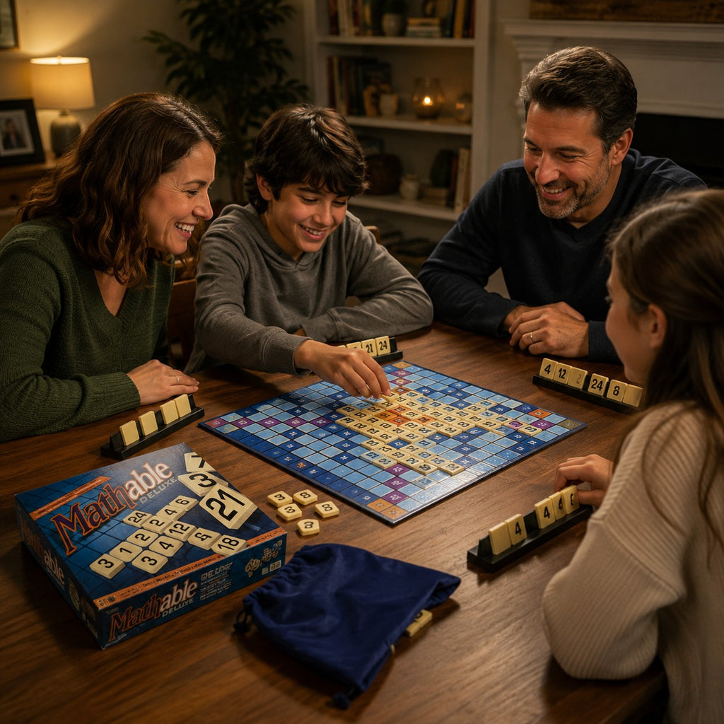 Tap2Own Mathable Deluxe educational strategy game with a family playing at a wooden table. Ages 9+.
