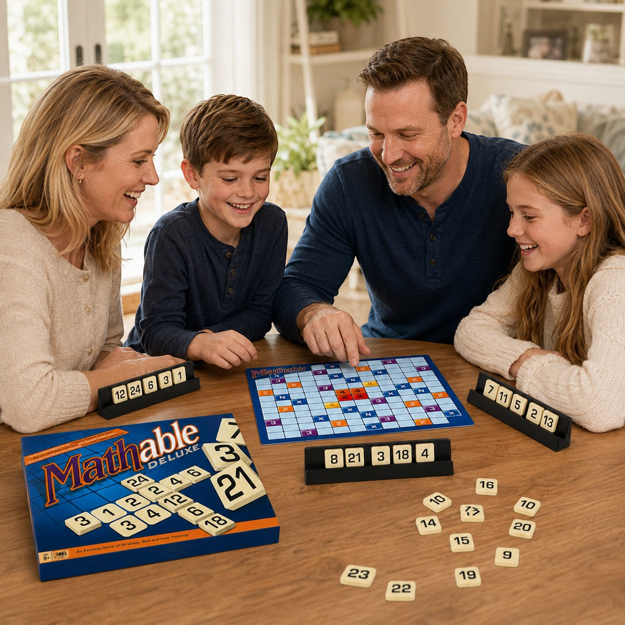 Tap2Own Mathable Deluxe educational strategy game with a family playing at a wooden table. Includes game board, tiles, and tile racks.
