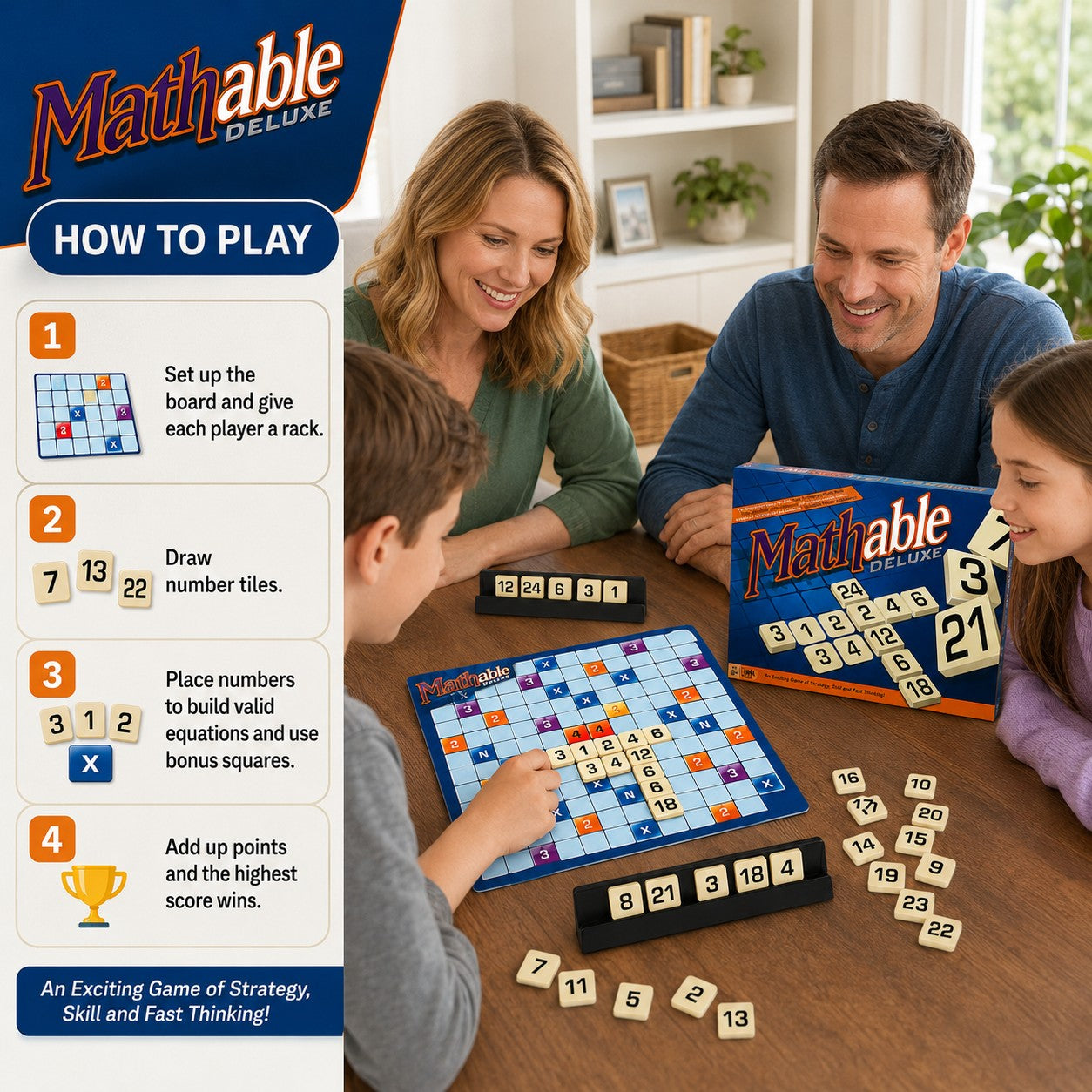 Tap2Own Mathable Deluxe educational strategy game with a family playing. Features number tiles and a game board.