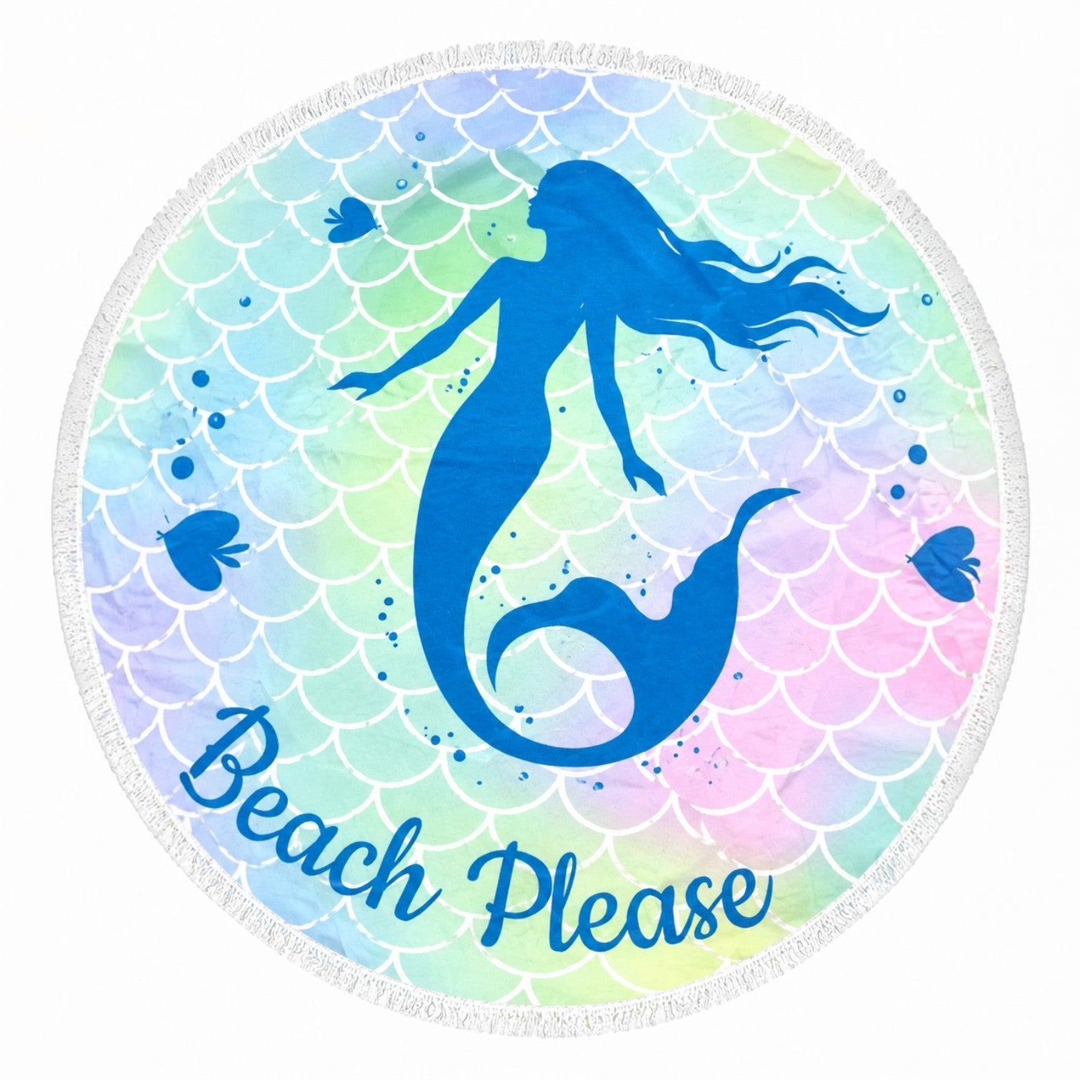 Tap2Own round beach towel with blue mermaid silhouette on pastel scale background. "Beach Please" text.