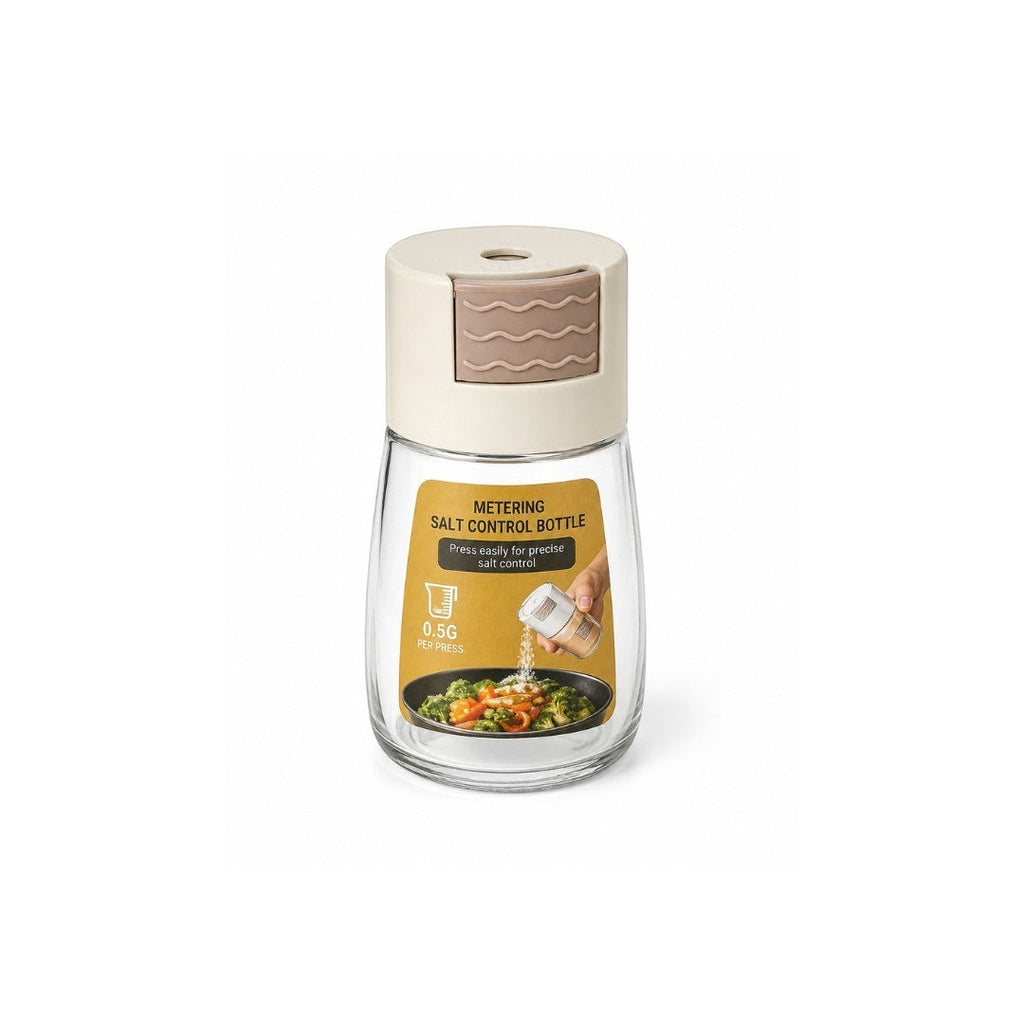 Tap2Own Metering Salt Control Bottle with beige and brown dispenser, dispenses 0.5g per press for precise seasoning.