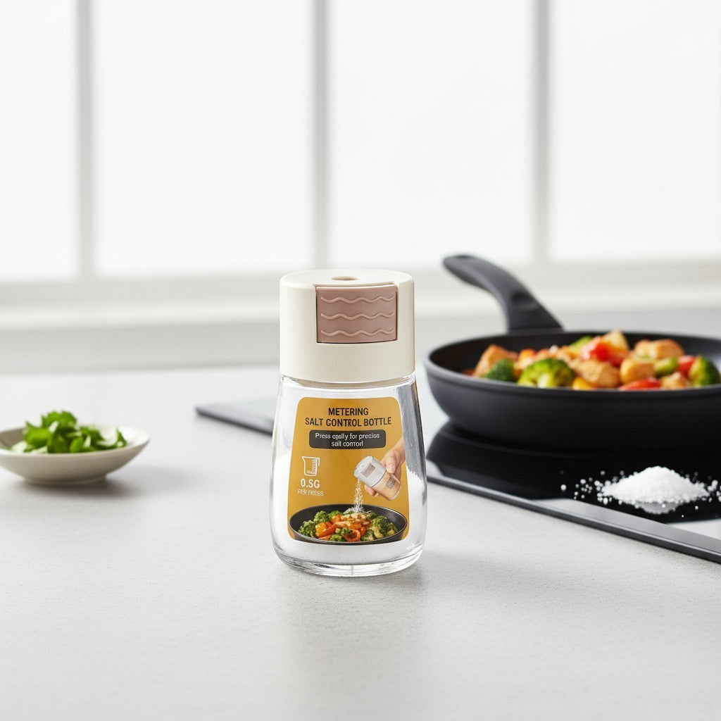 Tap2Own Metering Salt Control Bottle with beige lid, dispenses 0.5g salt per press for precise seasoning.