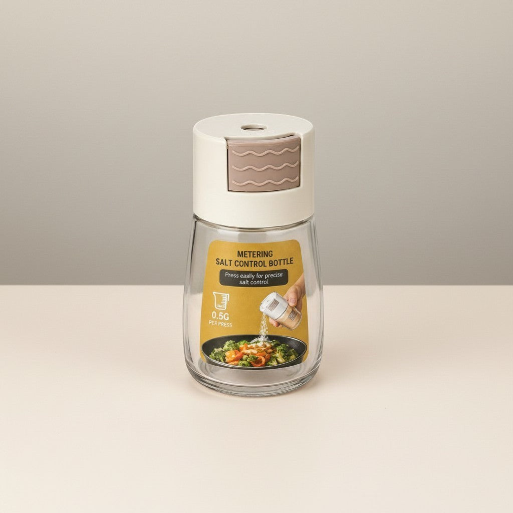 Tap2Own Metering Salt Control Bottle with clear glass body, beige and brown dispenser top, dispenses 0.5g per press.