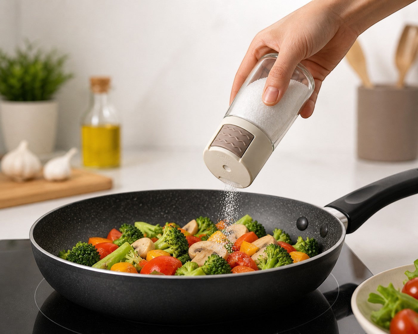 Tap2Own Metering Salt Control Bottle dispensing salt into a frying pan with vegetables. Clear glass body, beige and brown dispenser.