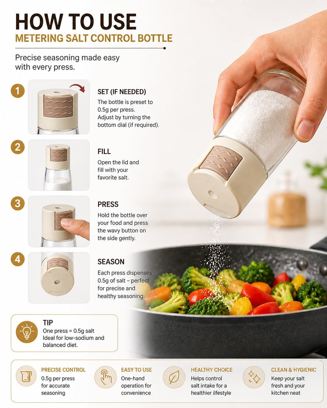 Tap2Own Metering Salt Control Bottle, glass and beige, dispenses 0.5g salt per press for precise, healthy seasoning.