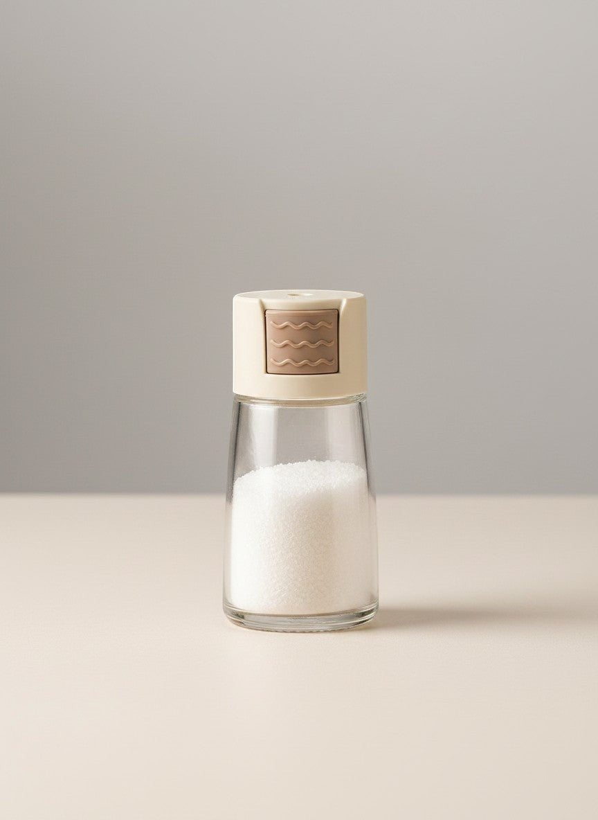 Tap2Own Metering Salt Control Bottle, clear glass with beige and brown dispenser top, dispenses 0.5g salt per press.