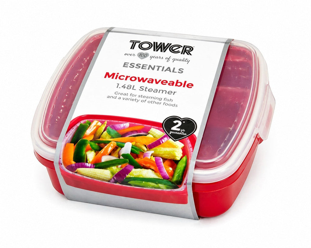 Tap2Own red and clear BPA-free microwaveable steamer container with a perforated insert filled with colourful vegetables.