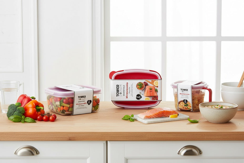 Tap2Own Essentials microwaveable steamer containers in red and clear plastic, ideal for steaming fish and vegetables.