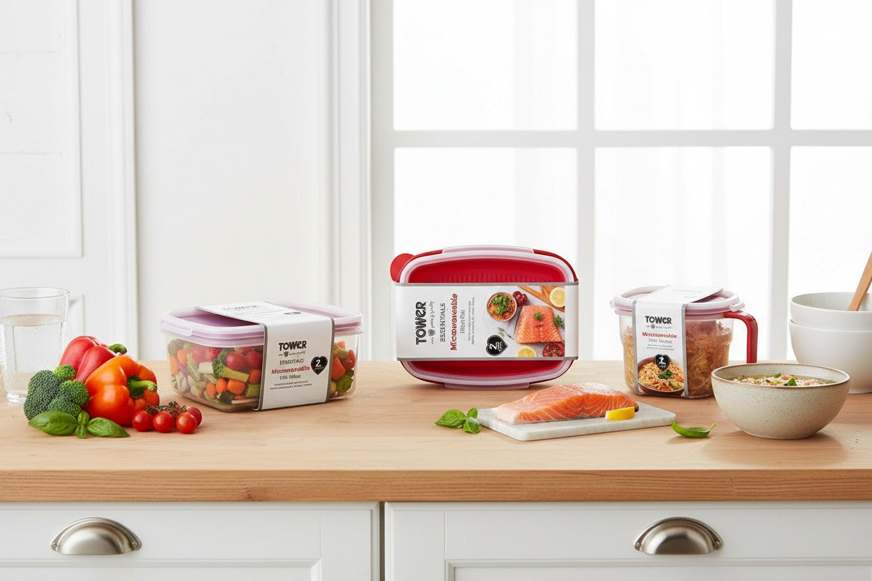 Tap2Own Essentials microwaveable steamer containers in red and clear plastic, ideal for steaming fish and vegetables.