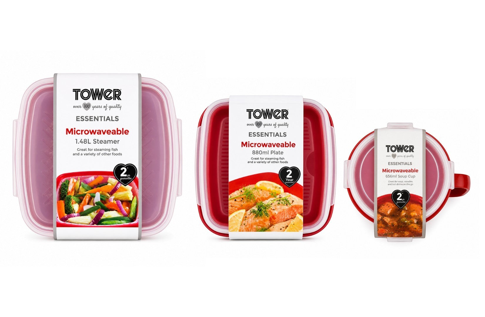 Tap2Own microwaveable steamer containers in red: 1.48L steamer, 880ml plate, and 656ml soup cup. BPA-free and dishwasher safe.