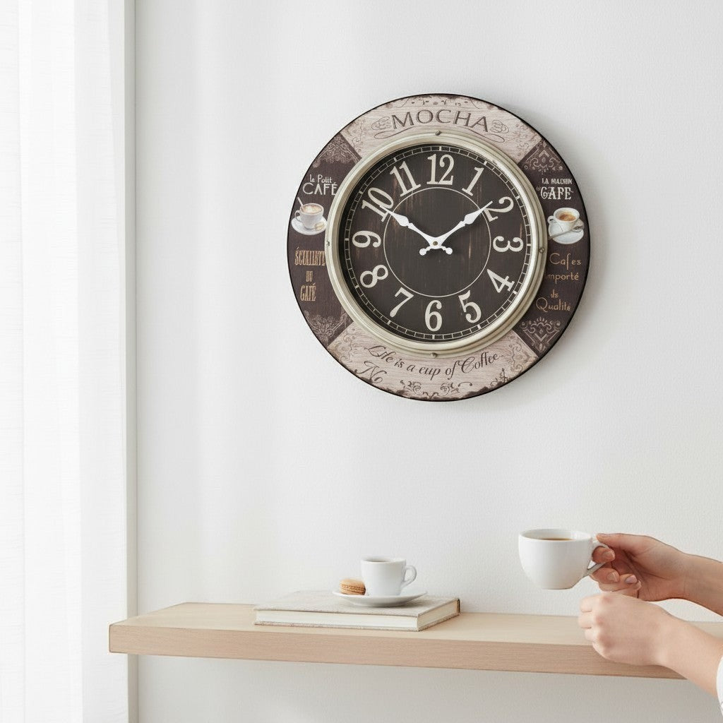 Tap2Own vintage mocha cafe wall clock with Arabic numerals, French phrases, and coffee cup illustrations. Distressed wood-look border.