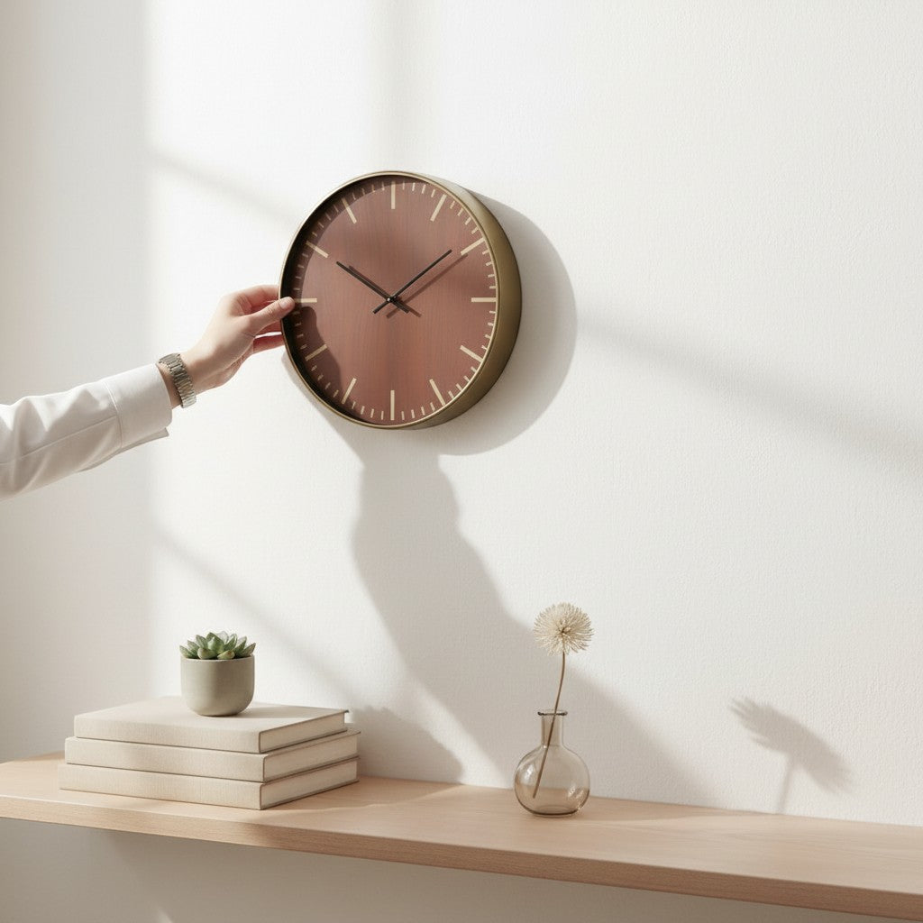 Tap2Own Modern Round Wall Clock with wood grain face, brass bezel, and black hands. Minimalist design.