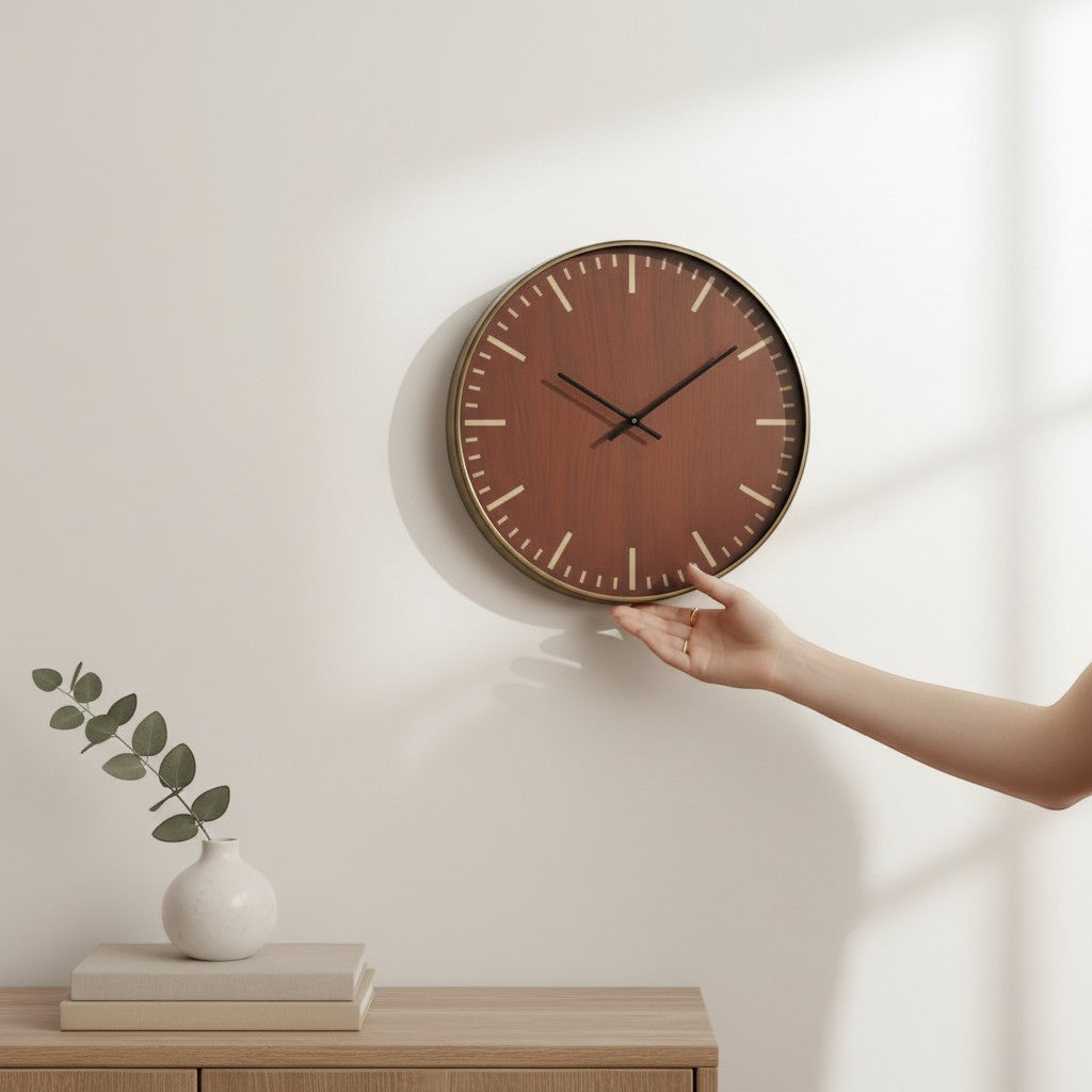 Tap2Own Modern Round Wall Clock with wood grain face and brass bezel, featuring black hands and hour markers.