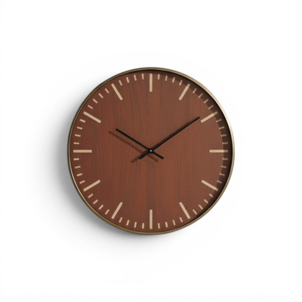 Tap2Own Modern Round Wall Clock with wood grain face, brass bezel, and black hands. Minimalist design.