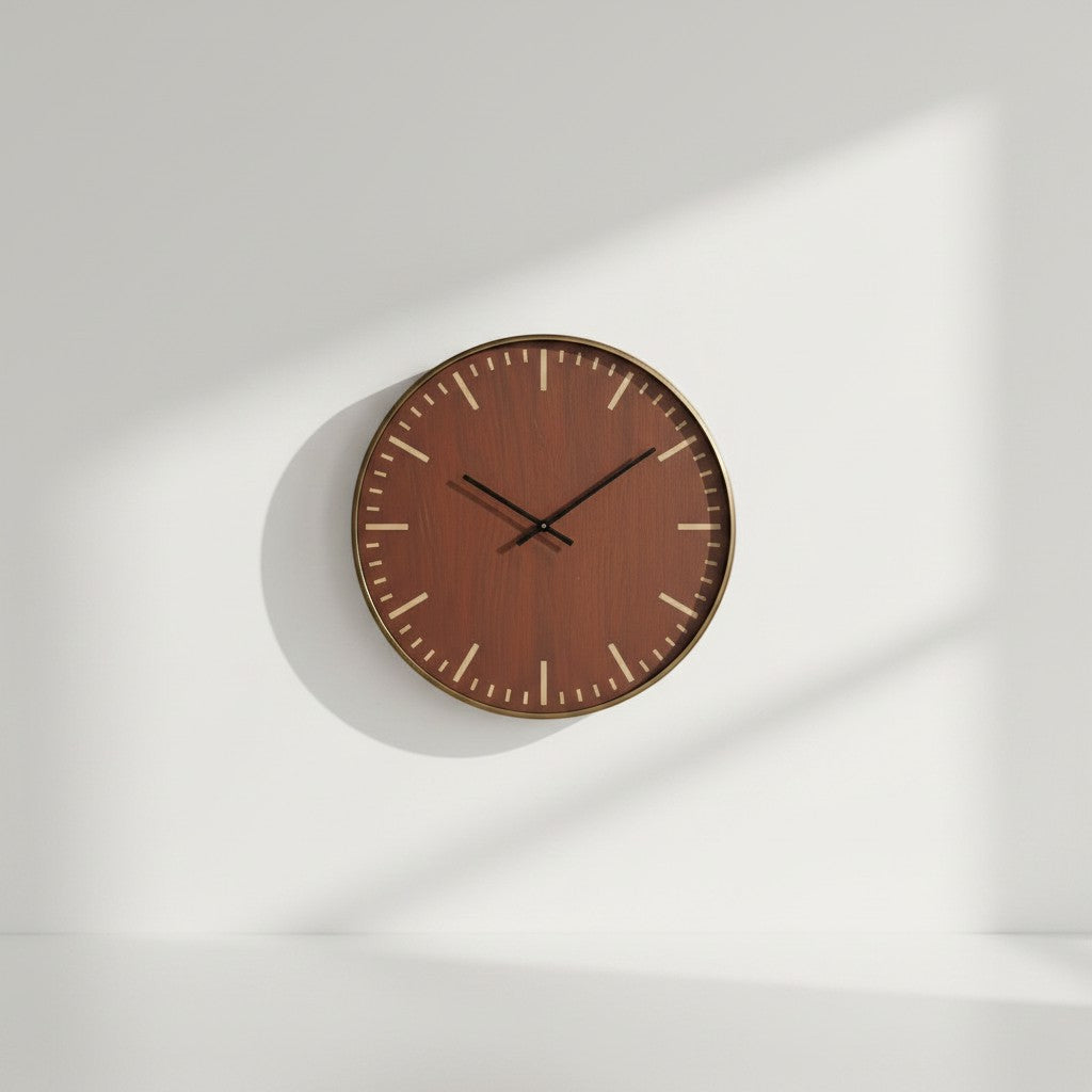 Tap2Own Modern Round Wall Clock with wood grain face and brass bezel. Features black hands and minimalist hour markers.