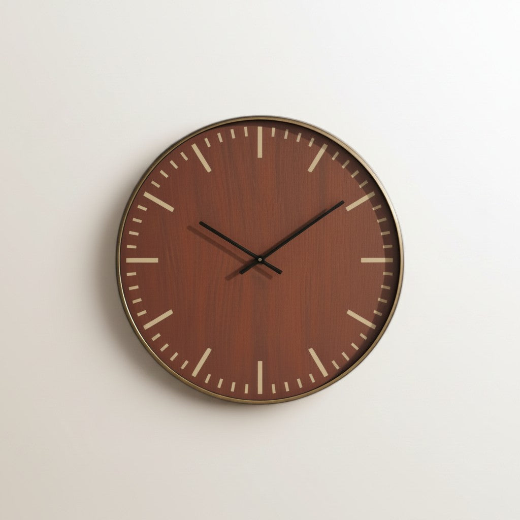 Tap2Own Modern Round Wall Clock with wood grain face and brass bezel. Features black hands and minimalist hour markers.