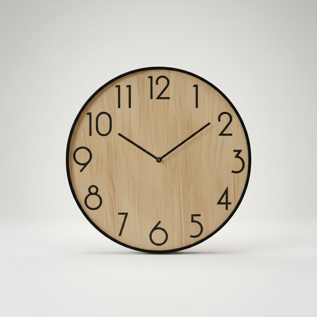 Tap2Own Modern Wooden Wall Clock with black frame and natural wood grain face. Features large black numerals and black hands.