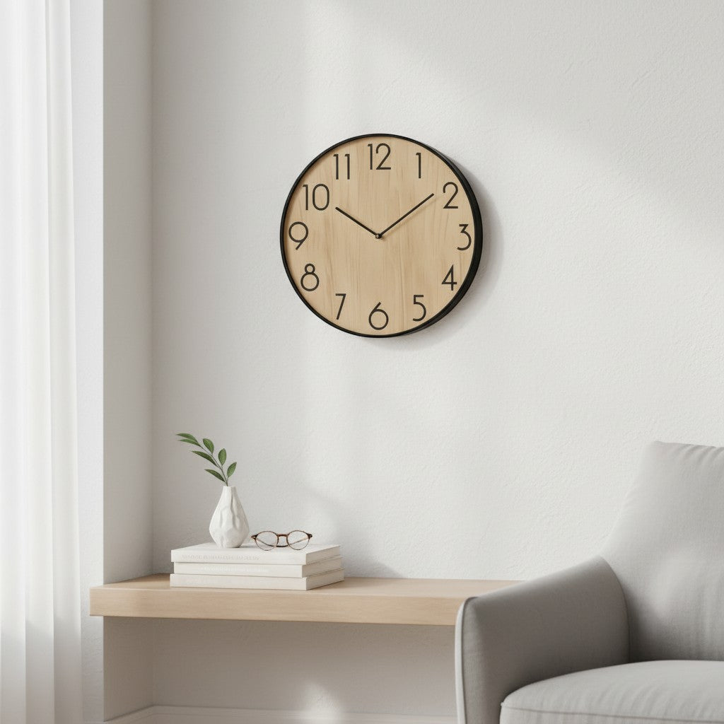 Tap2Own Modern Wooden Wall Clock with black frame and natural wood grain face. Features large black numerals and silent mechanism.