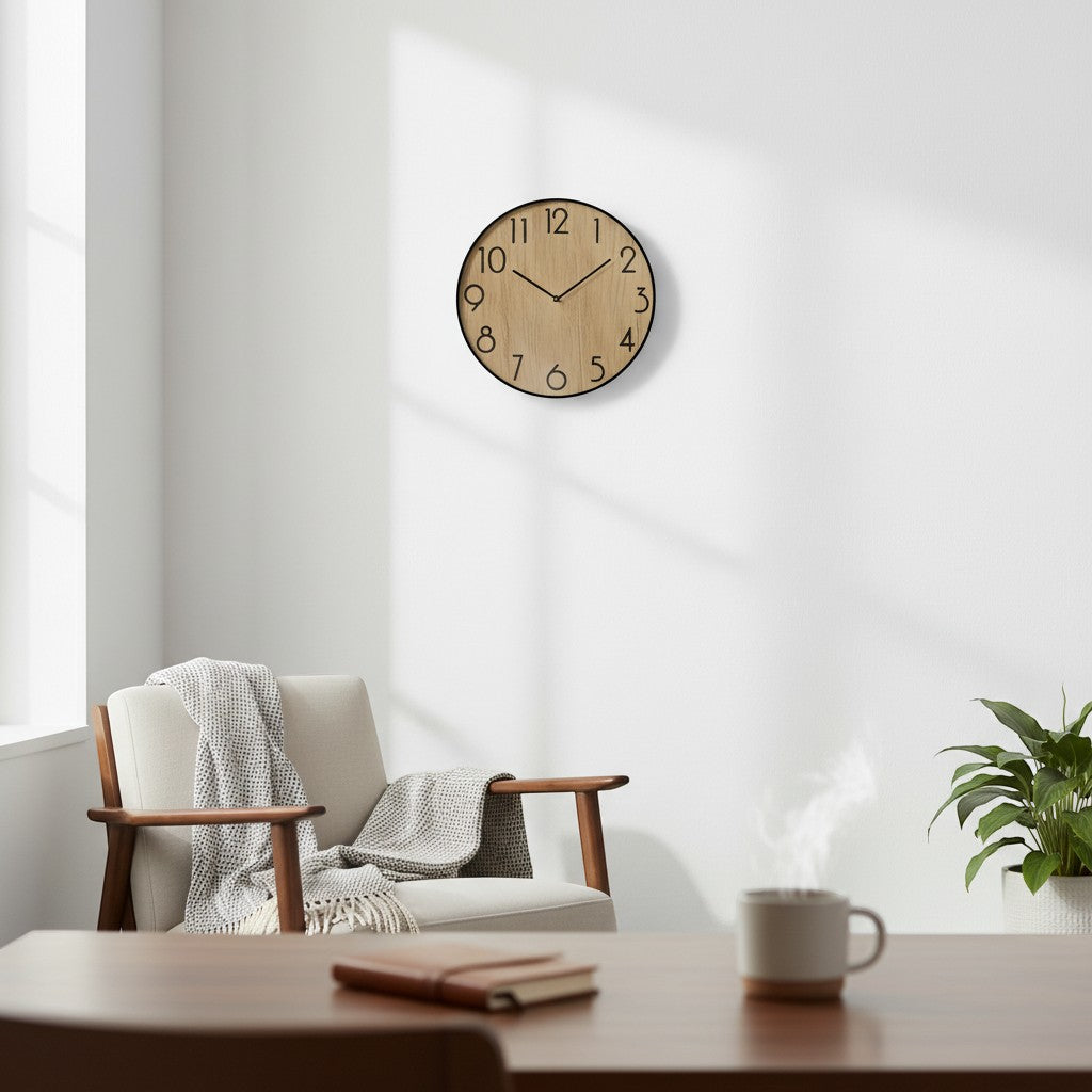 Tap2Own Modern wooden wall clock with black frame and natural wood grain face, featuring large black numerals. Silent mechanism.