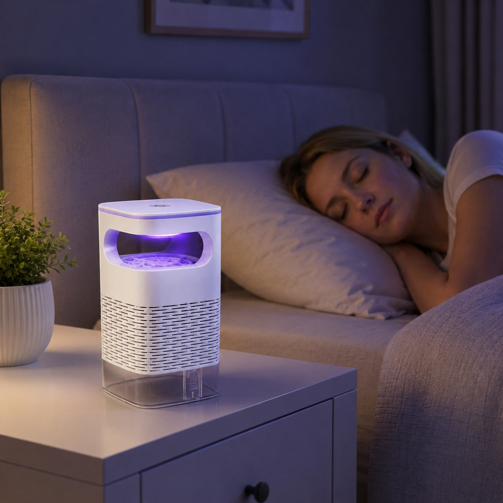 Tap2Own white physical mosquito killer with UV light, quiet operation, USB powered, ideal for bedrooms.