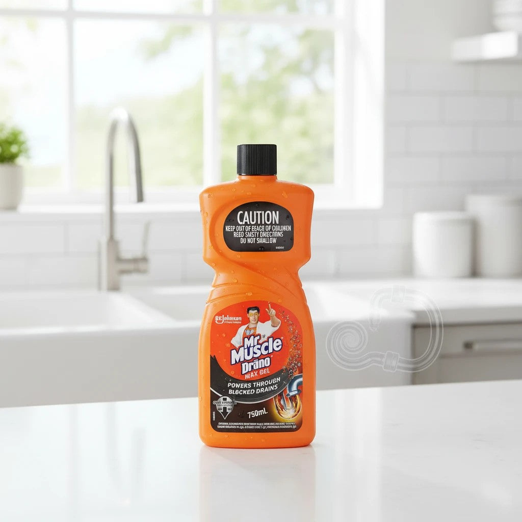 Tap2Own Mr Muscle Drano Max Gel drain cleaner in an orange bottle on a kitchen counter.