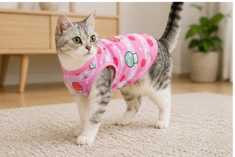 Tap2Own pink pet tank top with mushroom print, stripes, and polka dots. Sleeveless design for comfort.