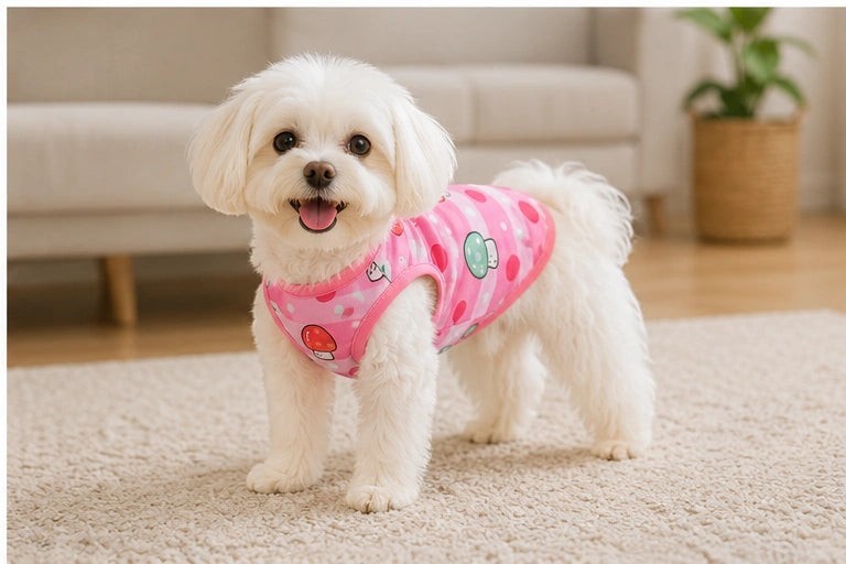 Tap2Own pink pet tank top with mushroom print, stripes, and polka dots. Sleeveless design for comfort.