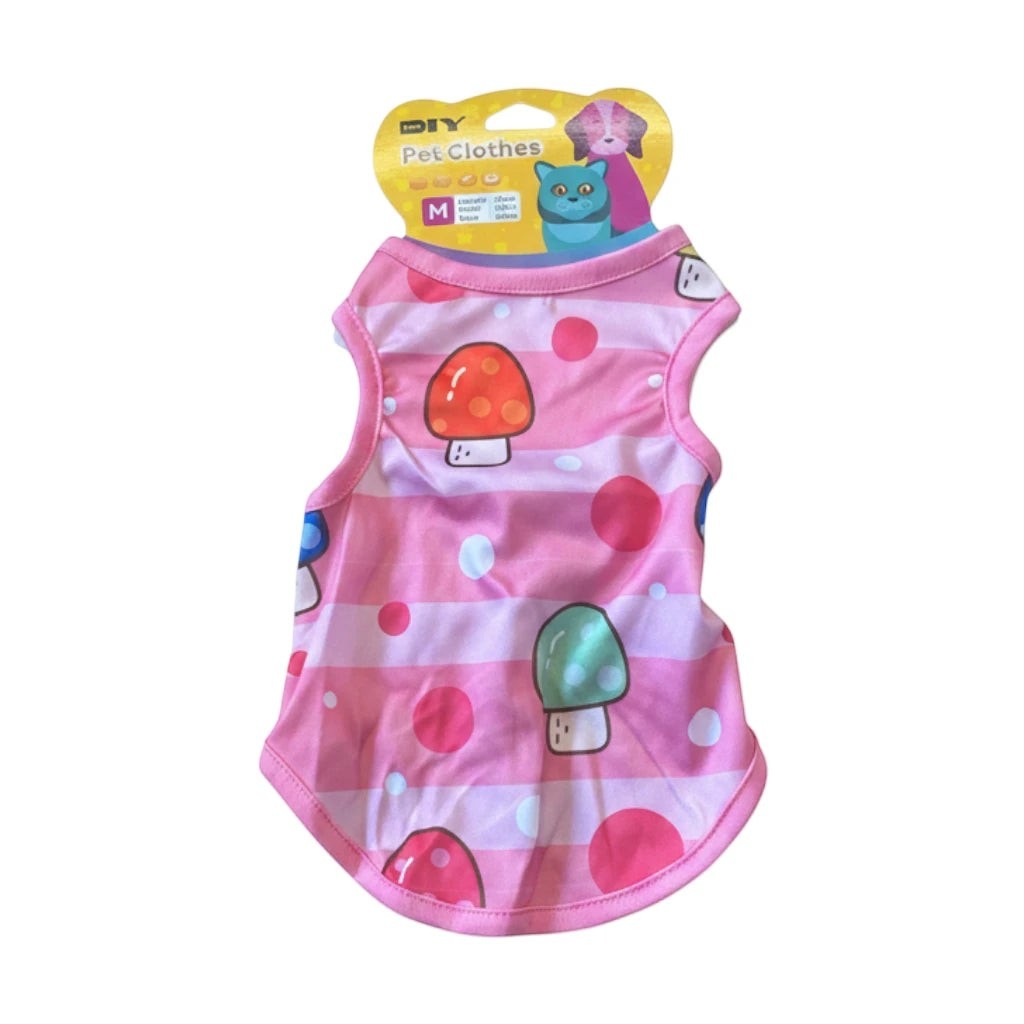 Tap2Own pink pet tank top with mushroom print, stripes, and polka dots. Size M.