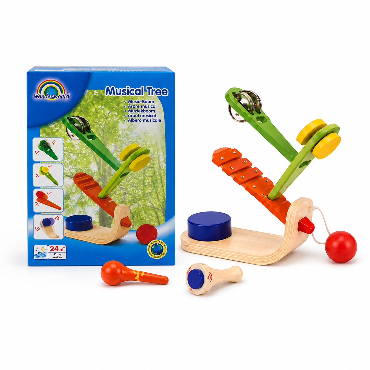 Tap2Own Musical Tree Toy, a wooden toy with xylophone, tambourine, and maracas, for toddlers.