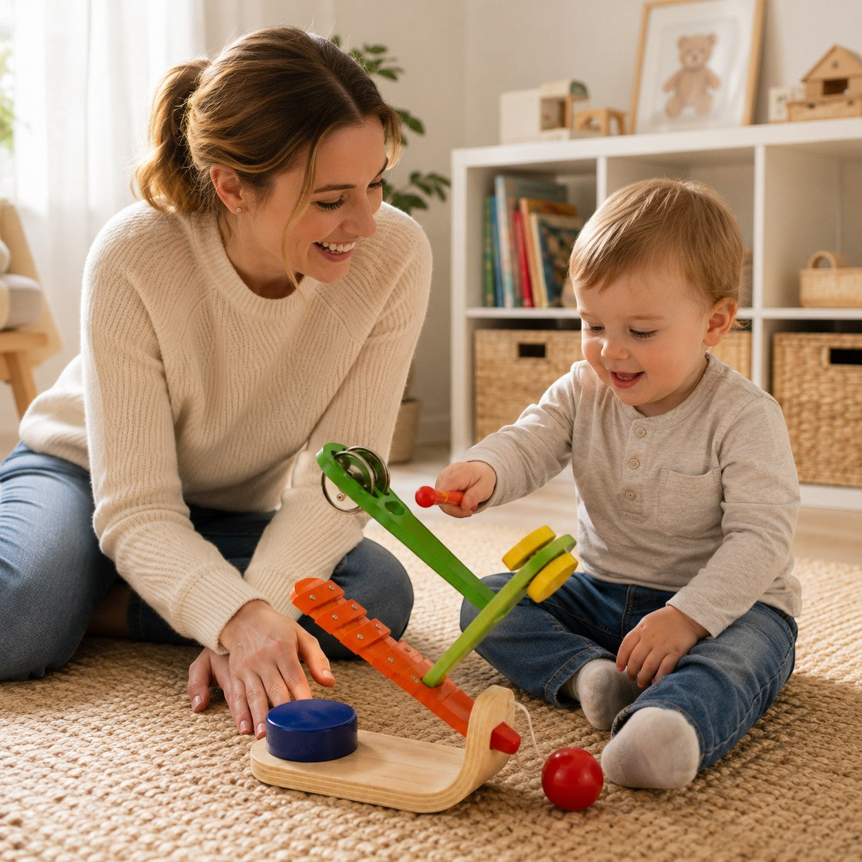 Tap2Own mother and baby playing with a wooden musical tree toy featuring a xylophone, tambourine, and maracas.