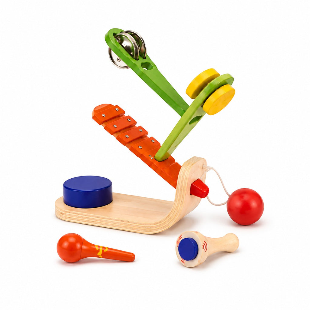 Tap2Own wooden musical tree toy with xylophone, tambourine, and maracas. Includes red ball and blue drum.