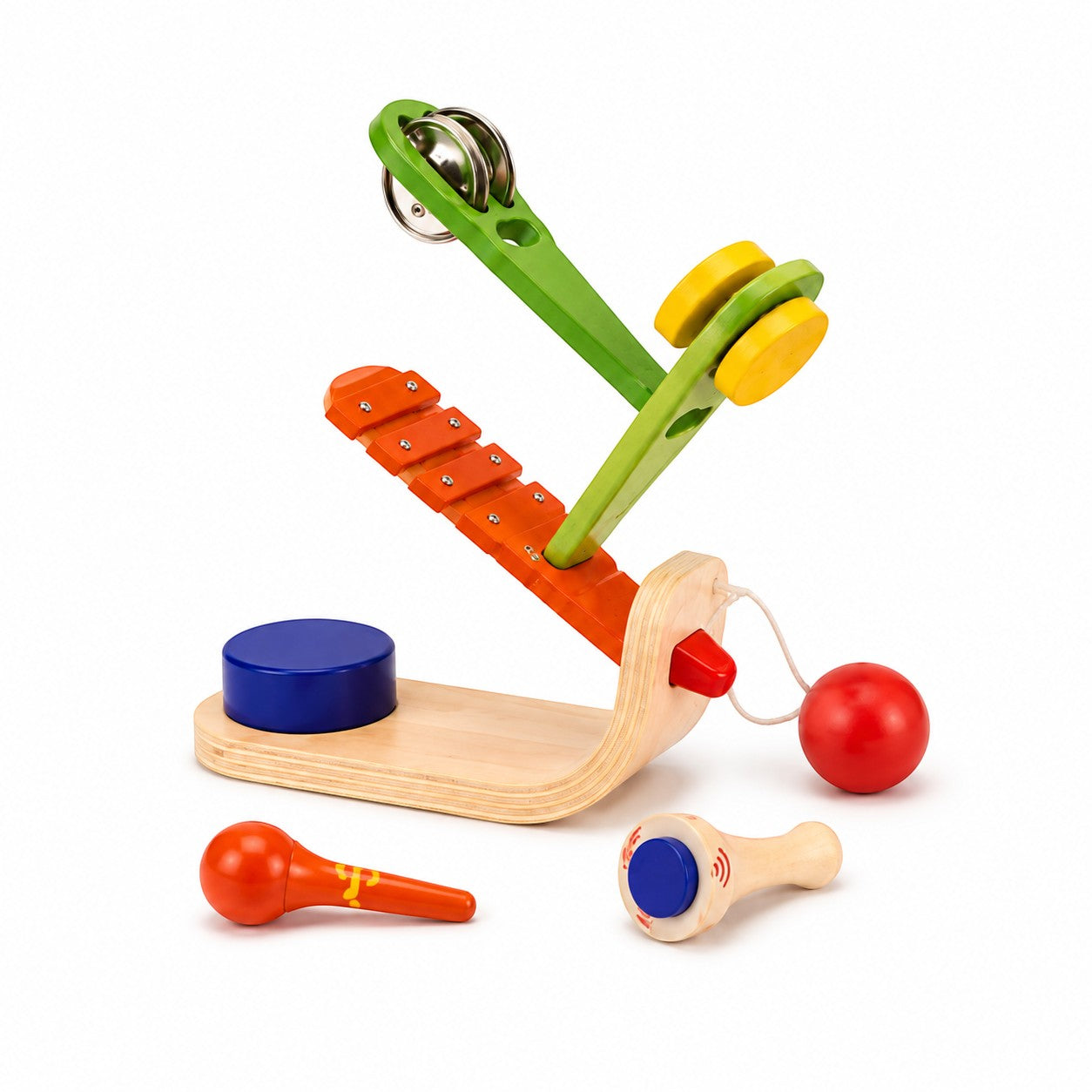 Tap2Own wooden musical tree toy with xylophone, tambourine, and maracas. Includes red ball and blue drum.