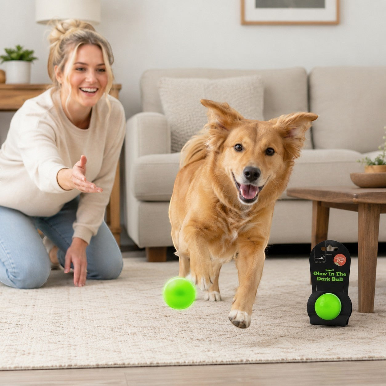 Tap2Own MyPets interactive small neon pink glow-in-the-dark dog ball for fetch and play.