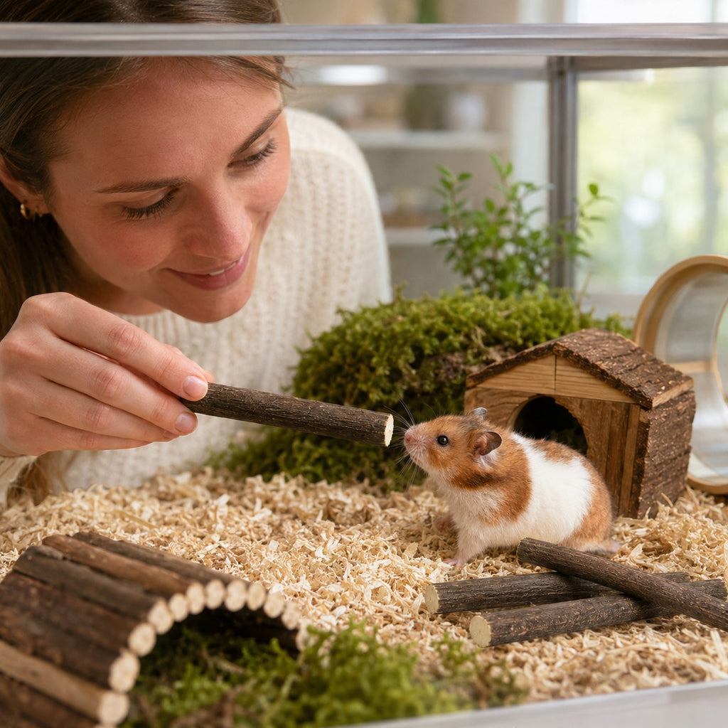 Tap2Own Natural Delight natural wood chew sticks for hamsters, promoting dental health and enrichment. A woman offers a stick to a hamster in a wood-chip-filled habitat.