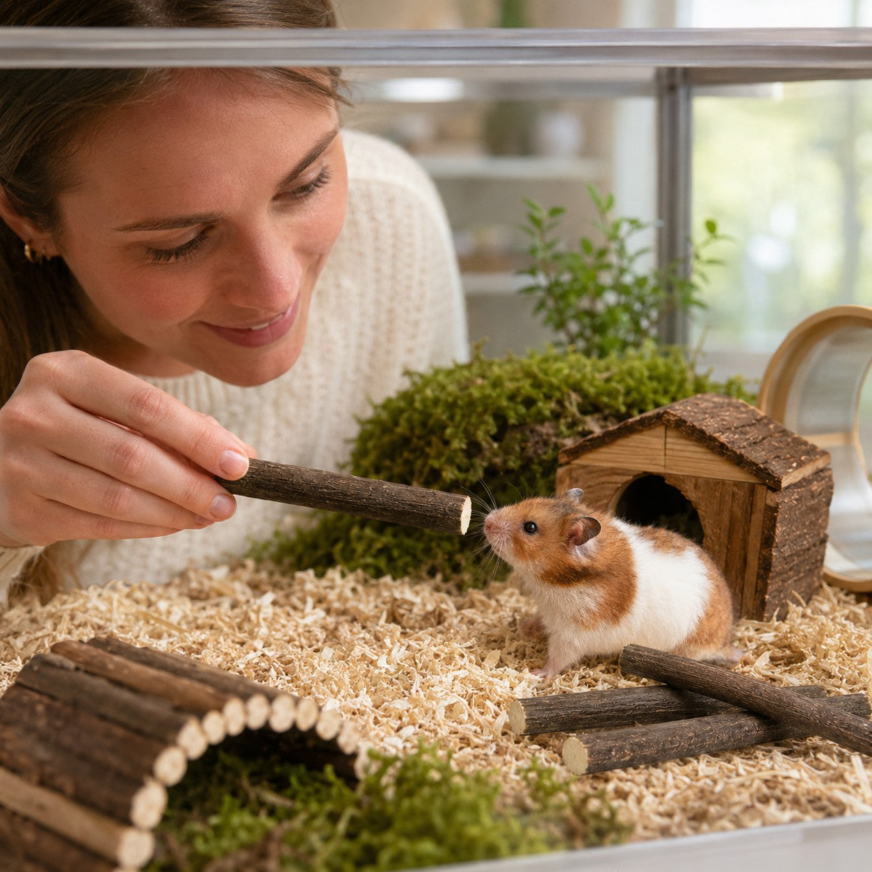 Tap2Own Natural Delight natural wood chew sticks for hamsters, promoting dental health and enrichment. A woman offers a stick to a hamster in a wood-chip-filled habitat.