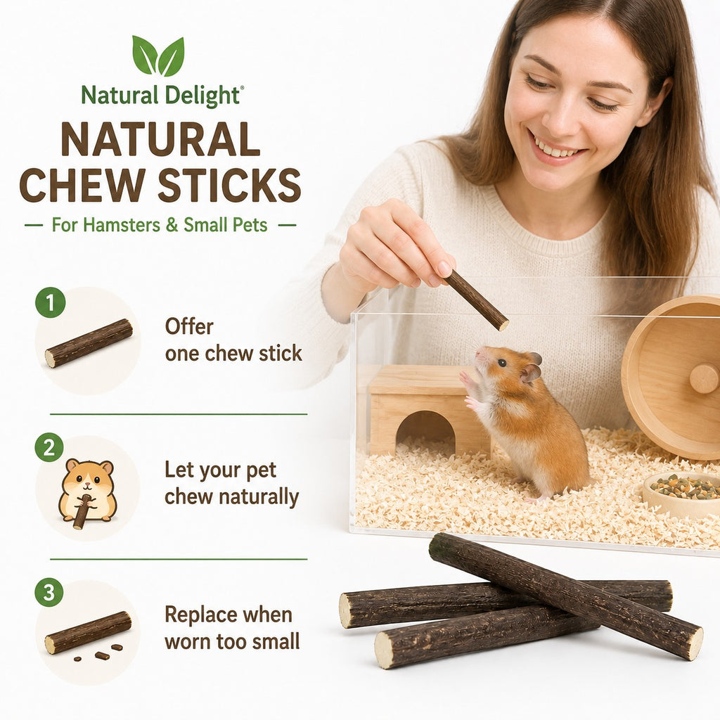 Tap2Own Natural Delight chew sticks for hamsters and small pets, made of natural wood, promoting dental health and enrichment.