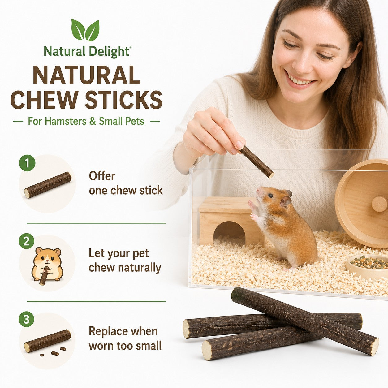 Tap2Own Natural Delight chew sticks for hamsters and small pets, made of natural wood, promoting dental health and enrichment.