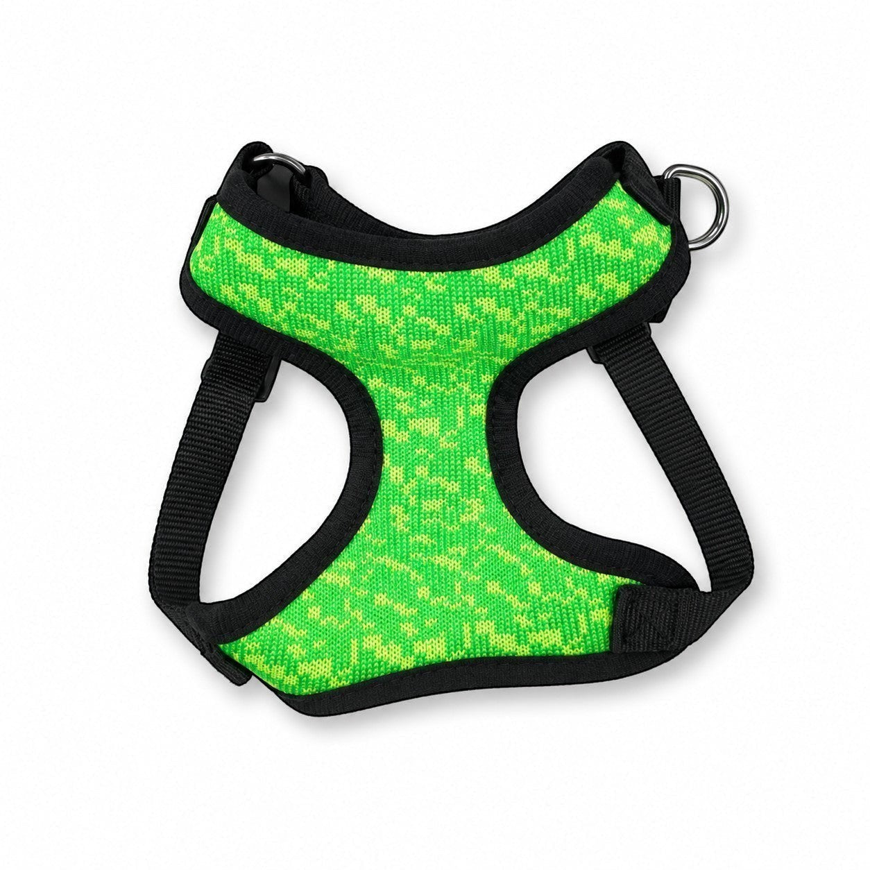 Tap2Own neon green knit dog harness with textured pattern and adjustable straps for small dogs.