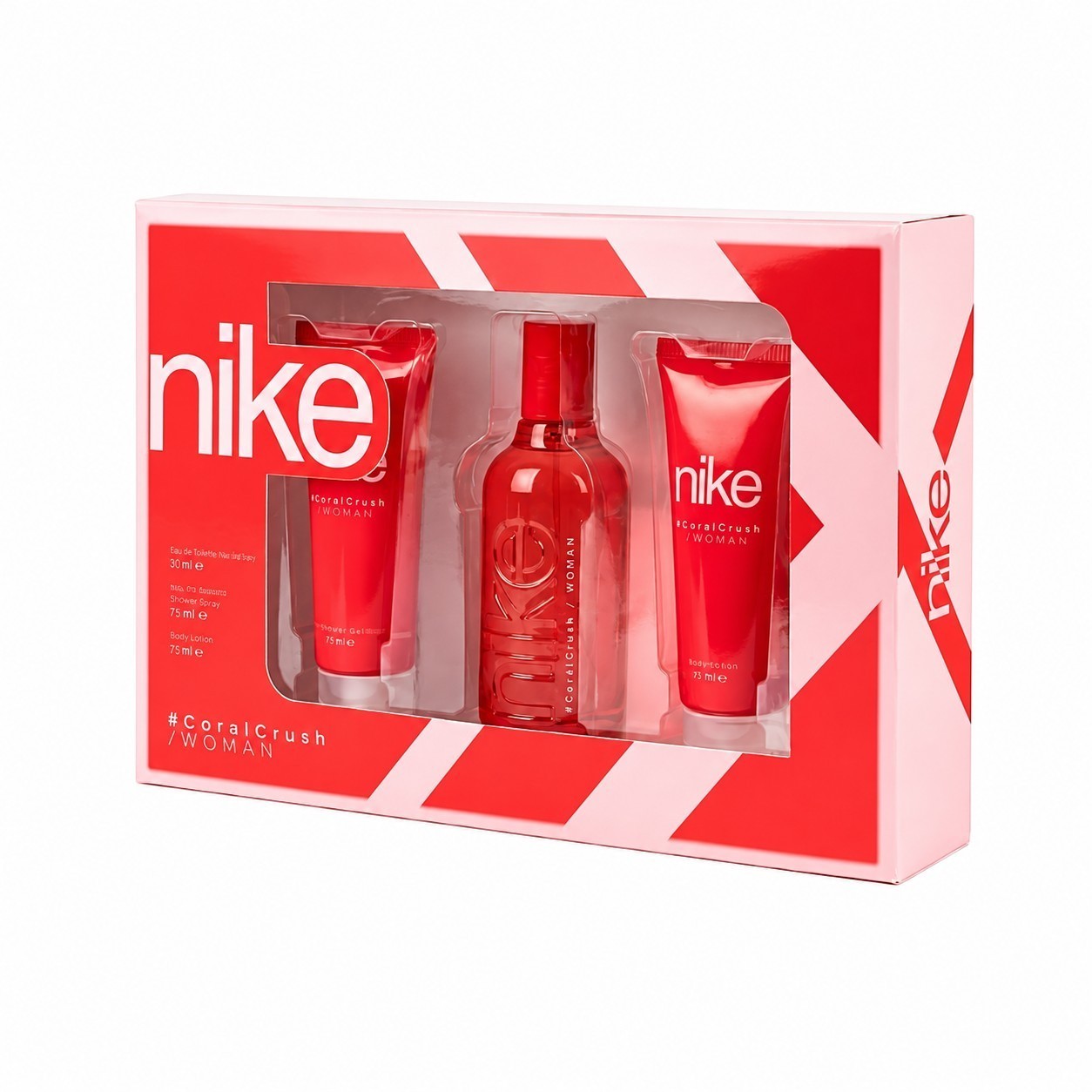 Tap2Own Nike #CoralCrush 3-piece gift set featuring red fragrance, shower gel, and body lotion in a display box.
