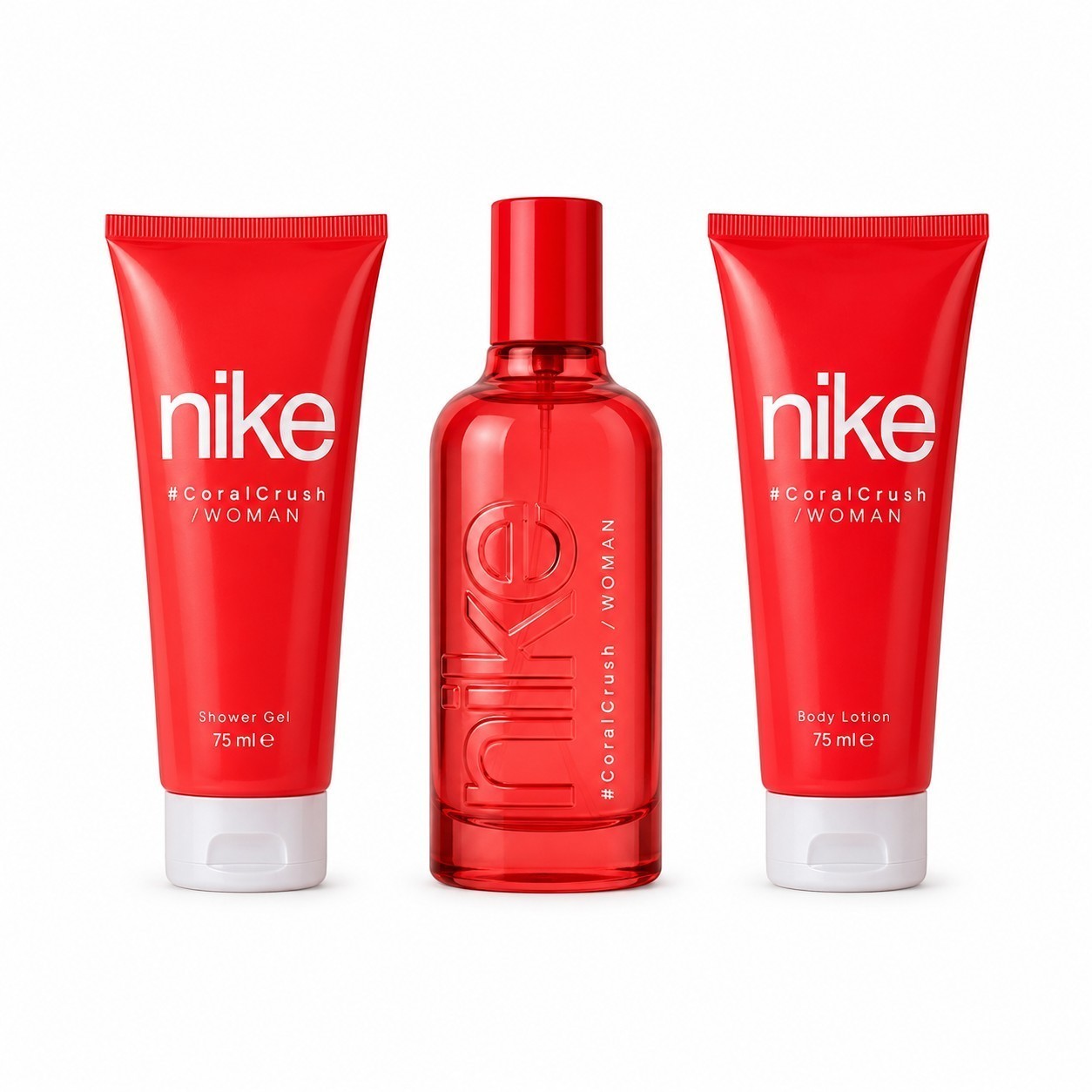 Tap2Own Nike #CoralCrush 3-piece fragrance gift set featuring red shower gel, body lotion, and eau de toilette spray.