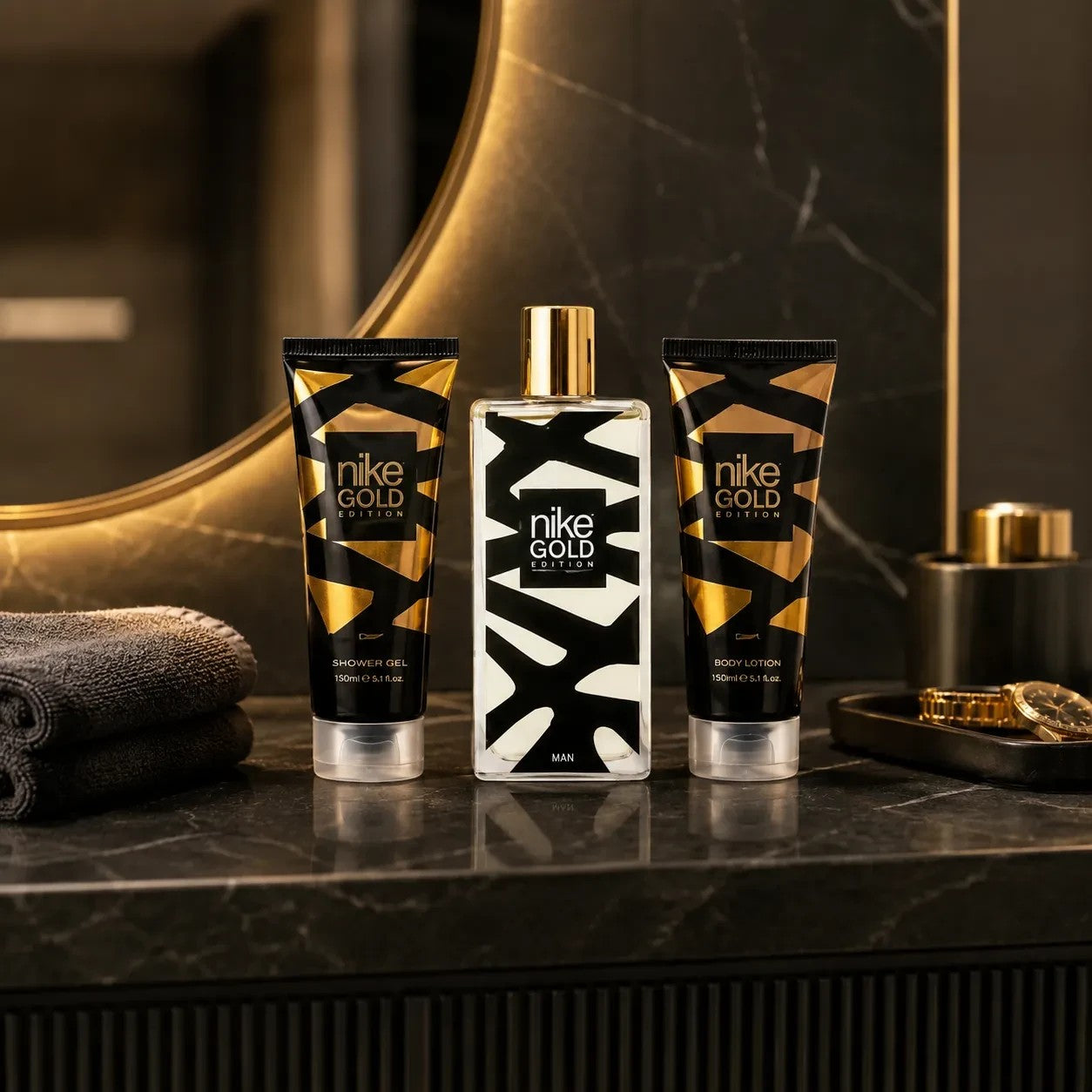 Tap2Own Nike Gold Edition fragrance gift set featuring a perfume bottle, shower gel, and lotion in black and gold.