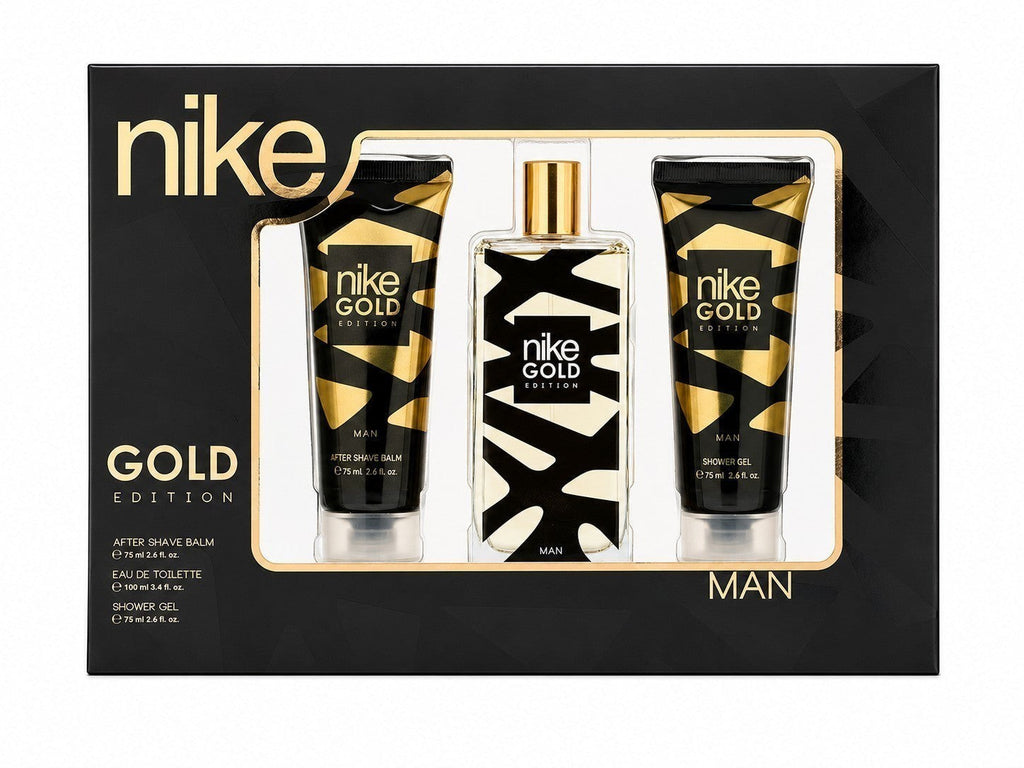 Tap2Own nike Gold Edition Man fragrance gift set featuring eau de toilette, after shave balm, and shower gel.