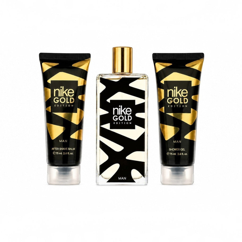 Tap2Own Nike Gold Edition Man fragrance gift set featuring an eau de toilette, after shave balm, and shower gel.