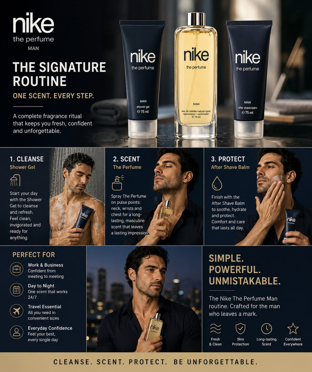 Tap2Own Nike The Perfume Man fragrance gift set featuring shower gel, eau de toilette, and after-shave balm for men.