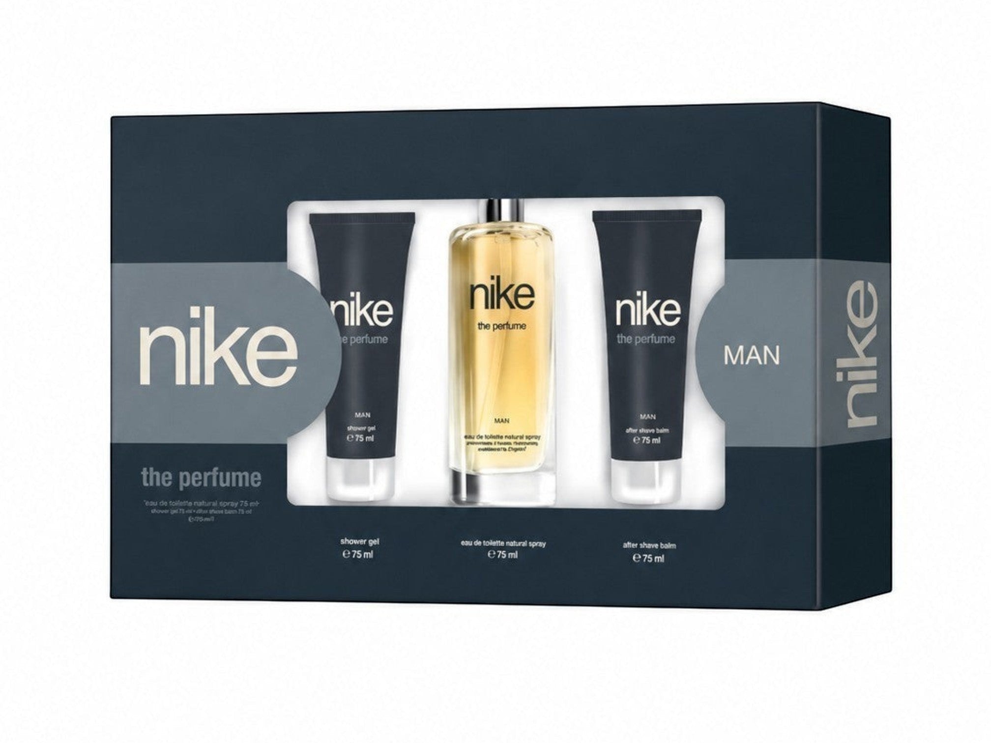 Tap2Own Nike The Perfume Man gift set featuring an Eau de Toilette spray, shower gel, and after-shave balm in a box.