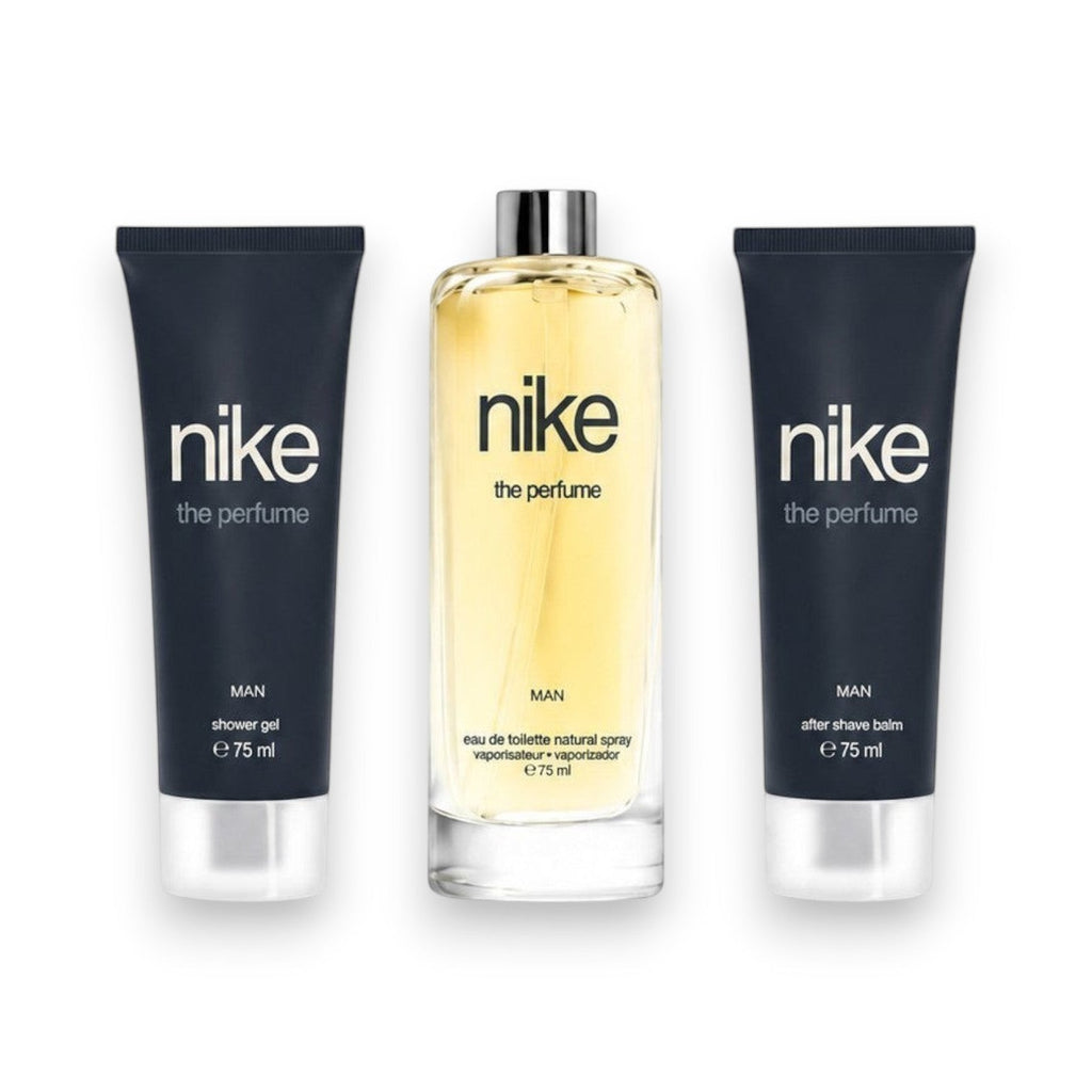 Tap2Own Nike The Perfume Man gift set featuring a 75ml eau de toilette, shower gel, and after-shave balm in black tubes.