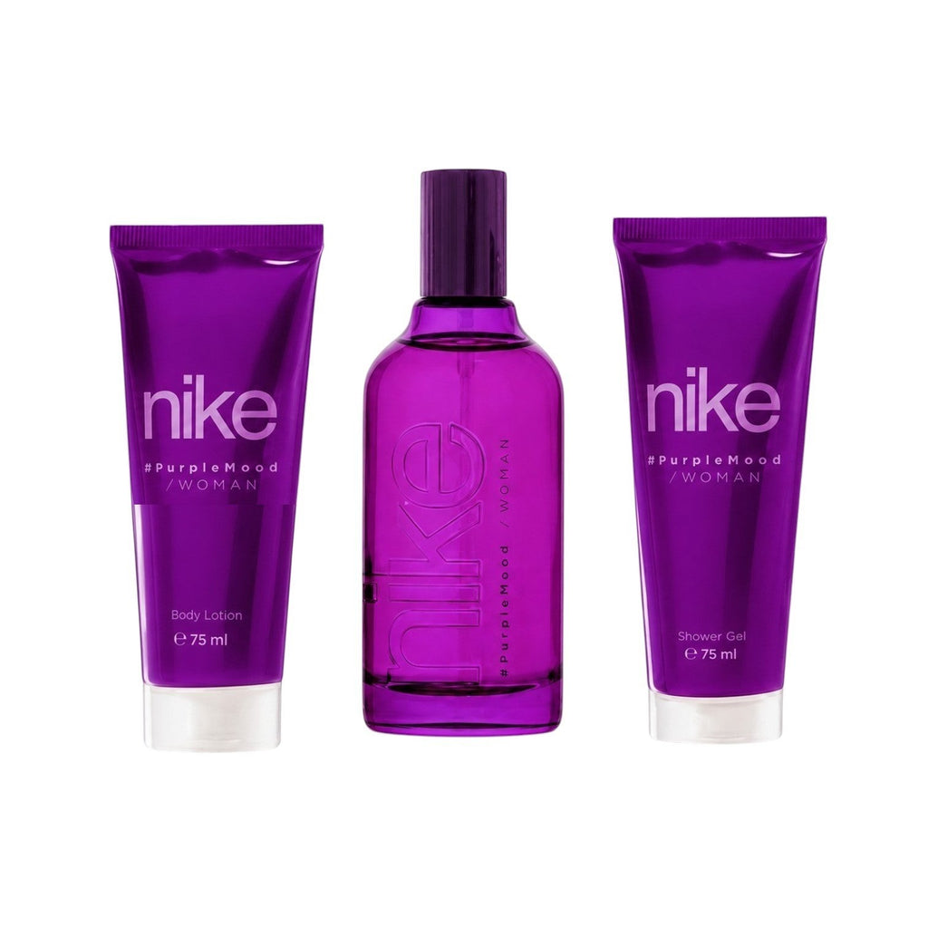 Tap2Own Nike Purple Mood fragrance gift set featuring an Eau de Toilette, body lotion, and shower gel in purple.